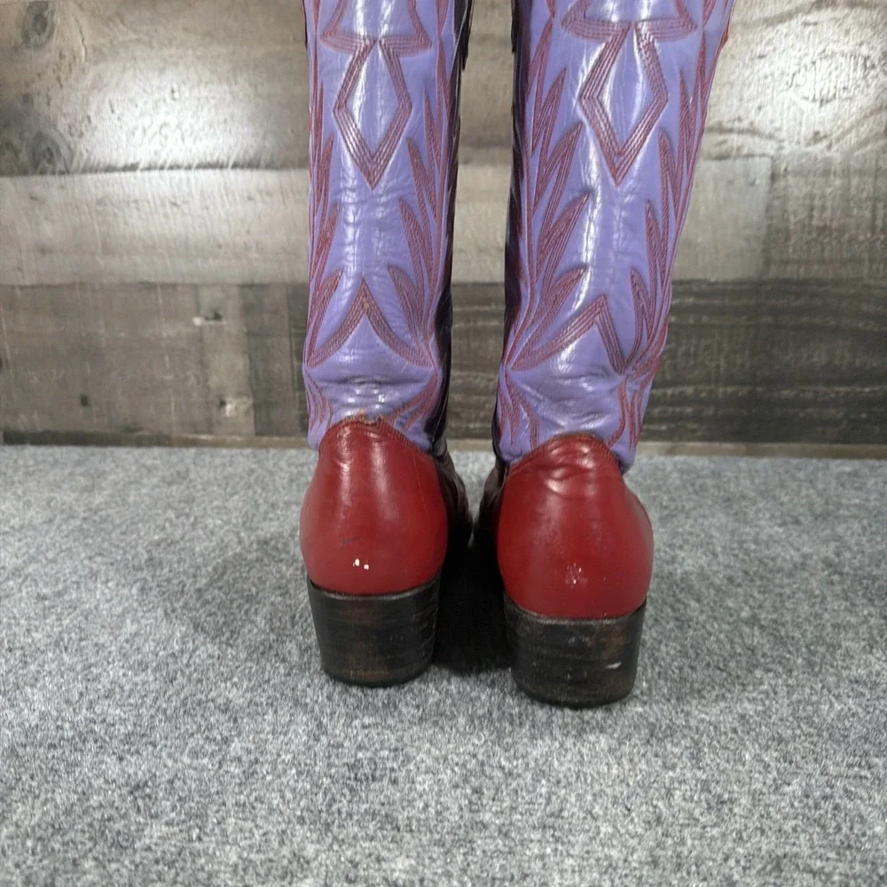 Vintage Botas Patros Leather Cowboy Boots Red Purple Stitch Western Cowgirl 10.5